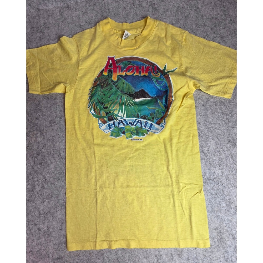 Vintage Hanes Beefy-T Aloha Hawaii Shirt Yellow 70s 80s Made in USA Small 34-36
